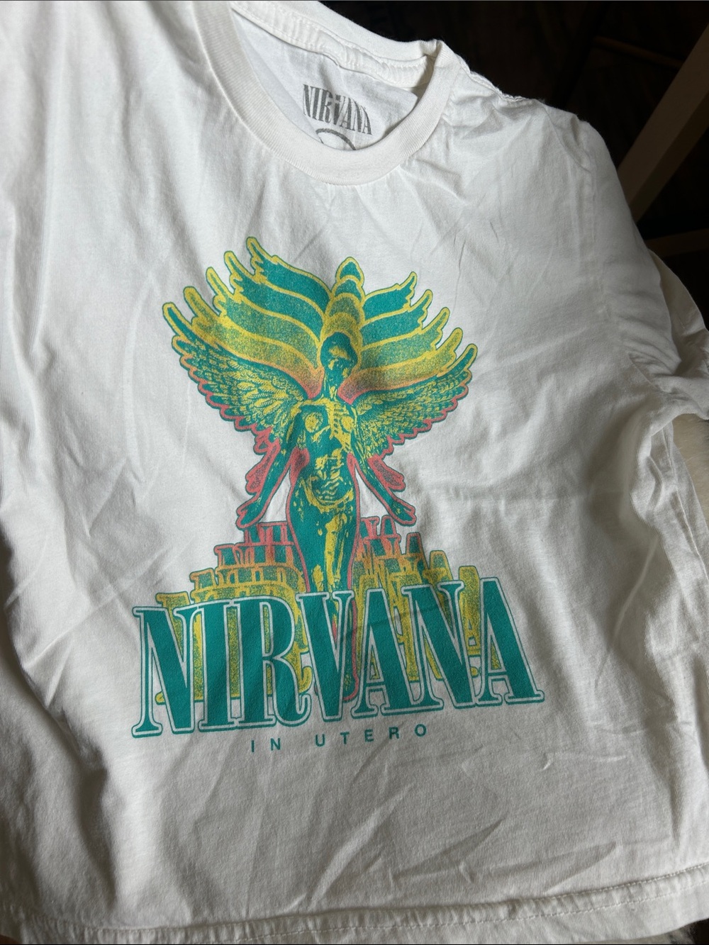 NIRVANA Cropped White Tee with Teal & Yellow Angel Graphic